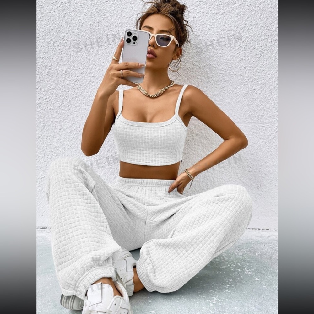 SHEIN white two piece crop waffle set in XS